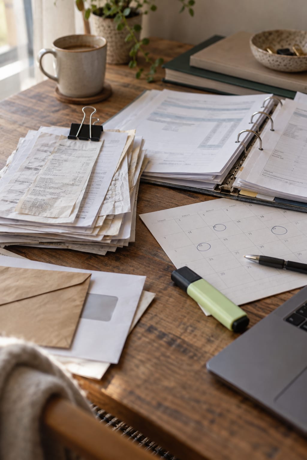 Stacks of paperwork and folders on a desk